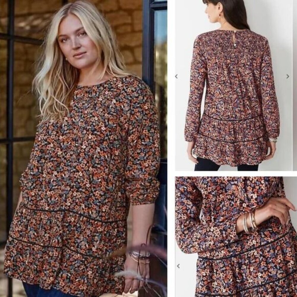 J.JILL Floral Printed Tiered Tunic Size XS Navy Blue Exuberant Floral